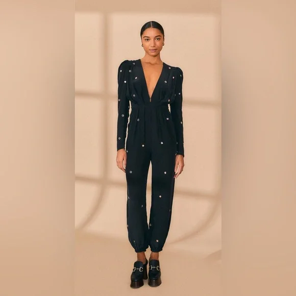 NWT Farm Rio Black Jumpsuit Mirror Embroidered Beaded Details Long Sleeve Large